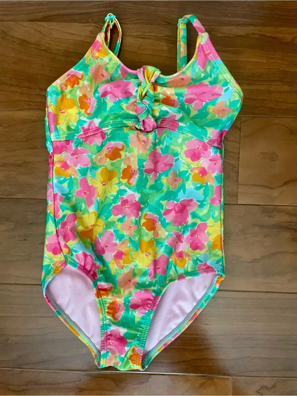 Cat & Jack Green One-Piece Swimsuit with Pink & Yellow Floral Print toddler 6-7